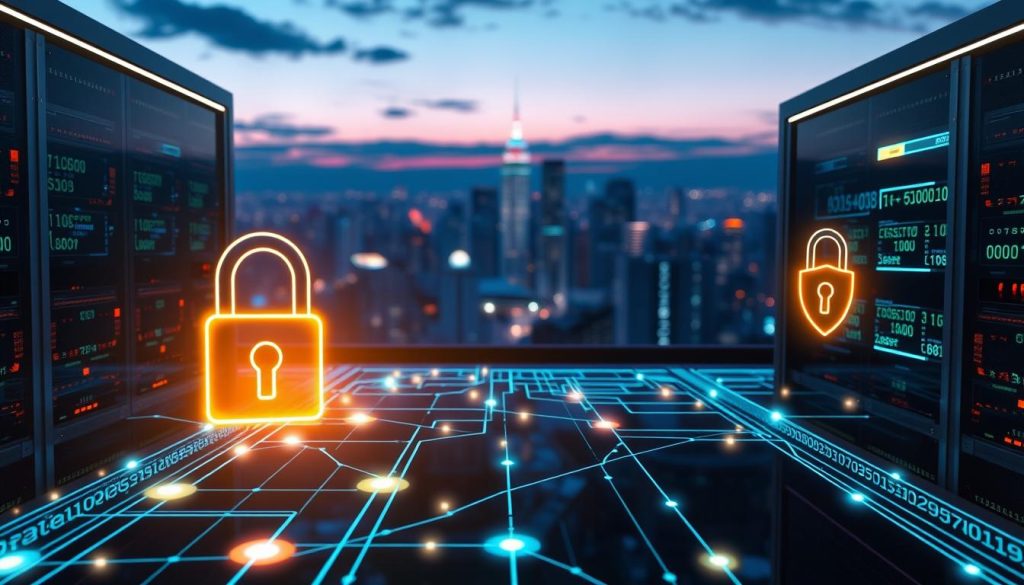 A futuristic representation of "encryption external connections," showcasing a secure data transmission network. In the foreground, intricate digital locks and vibrant encrypted data streams flow seamlessly between two sleek, modern server centers. The middle ground features glowing connection lines representing secure pathways, highlighted by animated binary codes and shield icons. In the background, a panoramic view of a city skyline at dusk, illuminated by soft, blue and purple lighting, creates a tech-savvy atmosphere. The scene is captured from a low angle to emphasize stability and security, with a slight focus blur on the distant buildings to draw attention to the encryption elements. The overall mood is professional, innovative, and secure, reflecting advanced technology in cloud hosting.