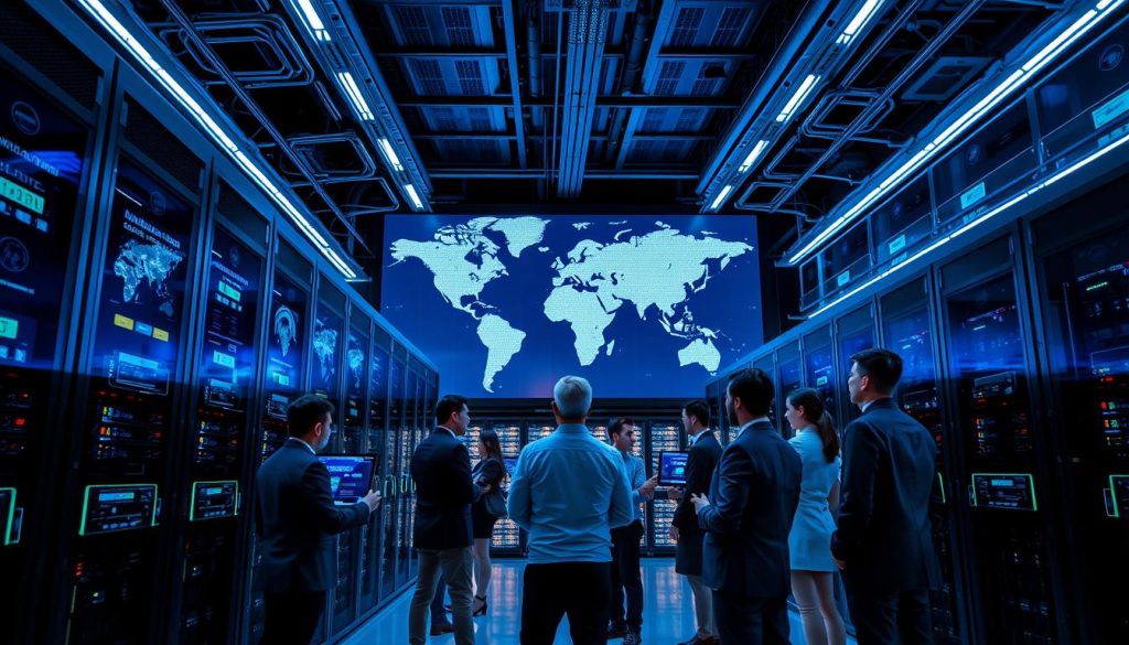 A futuristic, sleek data center representing Vultr cloud hosting, with rows of powerful servers and vivid LED lights illuminating the space. In the foreground, a diverse team of professionals wearing business attire is engaged in discussion, analyzing performance metrics displayed on transparent screens. In the middle, various high-tech hardware pieces and server racks showcase Vultr's global performance and hardware variety. The background highlights a large digital world map, emphasizing global connectivity and cloud infrastructure. The scene is bathed in cool blue and white lighting, creating a modern and innovative atmosphere. The camera angle is slightly low to capture the grandeur of the data center while focusing on the collaborative efforts of the team.