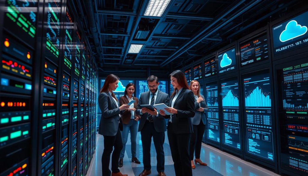 A futuristic web hosting server room displaying advanced scalability and performance features. In the foreground, sleek, modern servers with LED lights and digital displays showcasing real-time performance metrics. The middle ground features a diverse group of professionals in business attire, collaboratively analyzing data on tablets and laptops, illustrating teamwork and efficiency. The background displays expansive data storage racks and large screens with dynamic graphs and cloud themes. Soft, ambient lighting enhances the technical atmosphere, with a slight blue tint to signify technology. Use a wide-angle lens to capture depth, emphasizing the scale of the operation, conveying innovation and reliability in cloud hosting solutions. The overall mood is professional, focused, and forward-thinking. A futuristic web hosting server room displaying advanced scalability and performance features. In the foreground, sleek, modern servers with LED lights and digital displays showcasing real-time performance metrics. The middle ground features a diverse group of professionals in business attire, collaboratively analyzing data on tablets and laptops, illustrating teamwork and efficiency. The background displays expansive data storage racks and large screens with dynamic graphs and cloud themes. Soft, ambient lighting enhances the technical atmosphere, with a slight blue tint to signify technology. Use a wide-angle lens to capture depth, emphasizing the scale of the operation, conveying innovation and reliability in cloud hosting solutions. The overall mood is professional, focused, and forward-thinking.