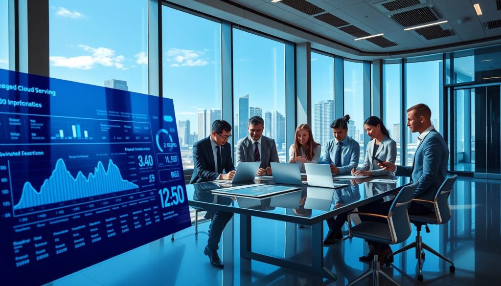 A futuristic workspace depicting operational efficiency in cloud services. In the foreground, a sleek digital dashboard displays real-time data analytics and cloud performance metrics, glowing softly with blue and green hues. The middle section showcases a diverse team of professionals, dressed in smart business attire, collaborating around a high-tech conference table with laptops and smart devices open. In the background, large panoramic windows reveal a cityscape of Denver, with modern office buildings and a clear blue sky. The lighting is bright and optimistic, creating an atmosphere of innovation and productivity. The scene conveys a sense of security and synergy, emphasizing the benefits of managed cloud hosting in enhancing operational efficiency.