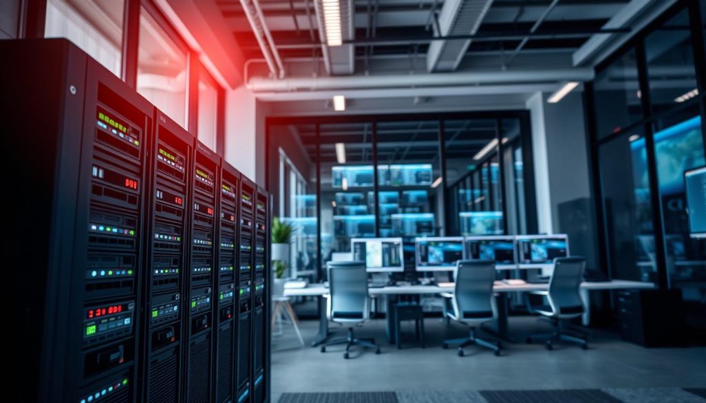 A high-performance server setup for tax preparation, showcasing a powerful, sleek, and modern dedicated server rack in the foreground, loaded with blinking lights and impressive cooling systems. In the middle ground, display a well-organized workspace with advanced computer monitors displaying sophisticated tax software interfaces. The background features an office environment with subtle, soft lighting that enhances focus and productivity, while large windows allow natural light to flood in, creating a bright atmosphere. Capture the scene from a slight overhead angle, emphasizing the server's capabilities and the organized workspace. The mood should convey efficiency, professionalism, and a sense of cutting-edge technology, ideal for financial experts.