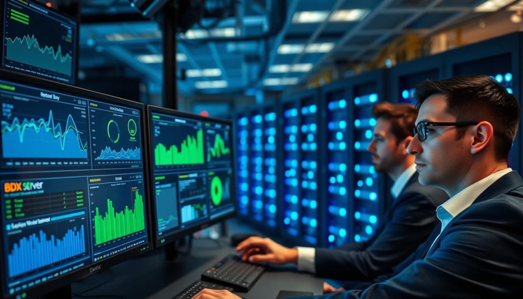 A high-tech control panel interface, prominently featuring the brand name "BDIX Server", located in a modern data center environment. The foreground showcases a sleek, multi-screen monitor setup displaying various metrics and analytics related to server management, with vibrant graphs and real-time data feeds illuminated in soft blue and green lighting. In the middle ground, technicians dressed in professional business attire are engaged in monitoring tasks, their focused expressions reflecting a sense of responsibility and expertise. The background depicts rows of servers with blue LED lights blinking rhythmically, enhancing the tech-savvy atmosphere. Soft, diffused lighting casts gentle shadows, creating a clean and organized look, while a shallow depth of field draws attention to the control panel's intricate details. The overall mood is efficient and focused, conveying a sense of advanced technology and reliability.