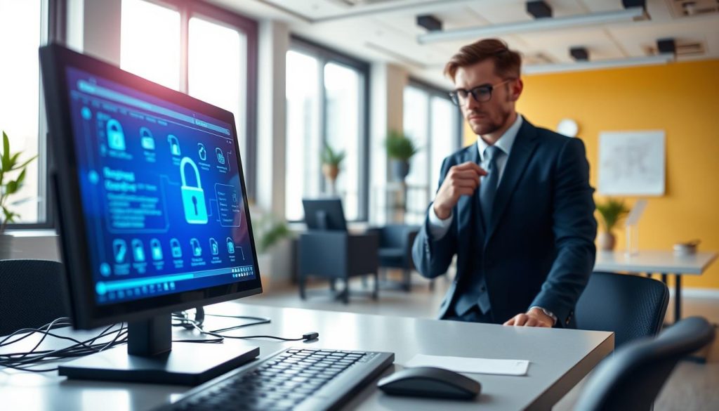 A high-tech data backup encryption scene in a modern office environment. In the foreground, a sleek computer setup is displaying a digital interface with encrypted files and secure cloud icons, casting a soft blue glow. In the middle, a professional-looking business person in business attire is analyzing the data on screen, with a thoughtful expression. The background features a clean and minimalistic office with large windows that allow natural light to pour in, contrasting with the warm yellows and cool blues of the workspace. The atmosphere conveys a sense of security and innovation, emphasizing the importance of data protection and recovery. Use a slight depth of field effect to focus on the foreground while softly blurring the background elements.