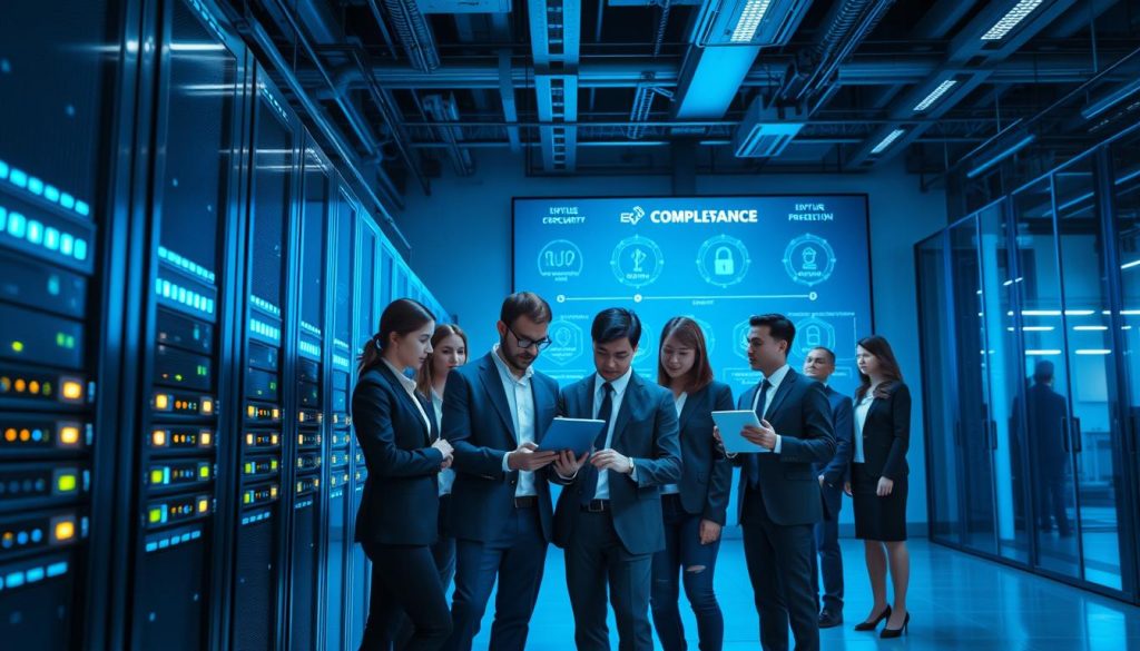 A high-tech data security environment showcasing an advanced server room. In the foreground, a cluster of sleek, illuminated servers with blinking lights, representing robust data protection. The middle ground features a diverse group of professional individuals in business attire, collaborating over a digital tablet, their expressions focused and proactive. In the background, a large screen displays cryptographic symbols and compliance metrics, highlighting security measures. The scene is well-lit with cool blue tones accentuating a modern atmosphere, while dynamic shadows create depth. The angle is slightly tilted to evoke a sense of innovation, inspiring a feeling of trust and assurance in data security and compliance standards.