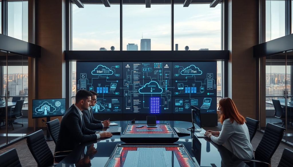 A high-tech office environment showcasing broad system compatibility and integration. In the foreground, diverse professionals in smart business attire collaborate at a large conference table, surrounded by multiple screens displaying interconnected systems and cloud network diagrams. The middle ground features a sleek modern server rack with dynamic LED lights, symbolizing powerful cloud infrastructure. In the background, expansive windows reveal a city skyline, with soft daylight illuminating the space, creating a bright and optimistic atmosphere. The angle captures both the team’s engagement and the high-tech systems in action, emphasizing a sense of innovation and seamless integration across platforms. The image embodies professionalism and a forward-thinking business environment.