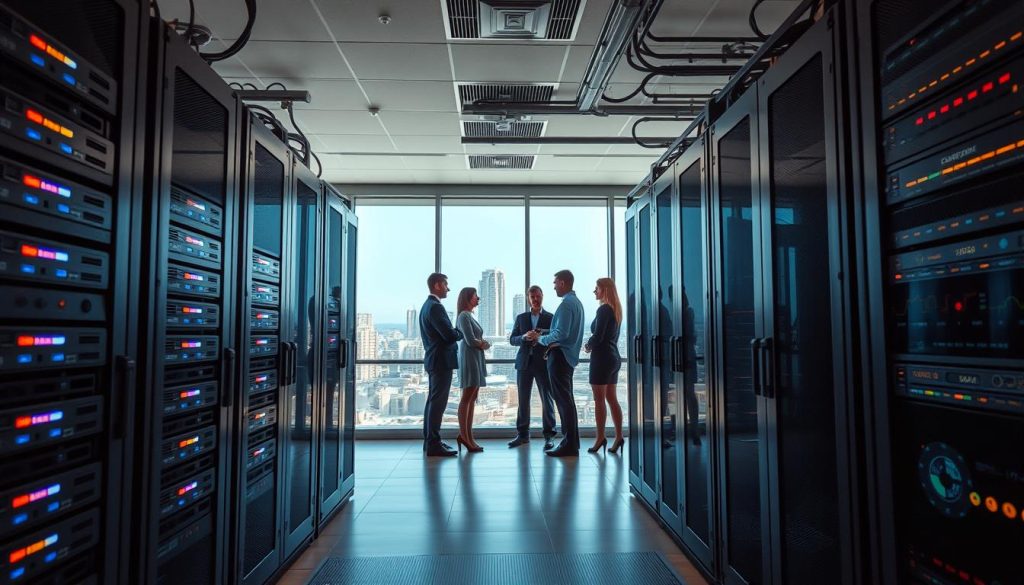 A high-tech scene showcasing the technical infrastructure of Myrtle Beach, set in a modern server room. In the foreground, sleek data servers with blinking LED lights and intricate wiring are prominently displayed. The middle ground features a team of professionals in smart business attire, discussing server management strategies around a digital display screen filled with data metrics. The background reveals large windows with a view of Myrtle Beach's skyline, with soft, ambient lighting creating a productive atmosphere. Capture everything from a low angle to emphasize the height of the equipment and the team’s collaborative environment. The overall mood should feel innovative and dynamic, reflecting the cutting-edge technology supporting reliable web hosting solutions.