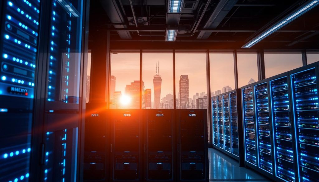 A high-tech server room illuminated by cool blue and white LED lights, showcasing advanced BDIX Server hardware prominently in the foreground. In the middle, rows of sleek, powerful servers operate seamlessly, their cooling systems visible, reflecting optimal performance in a modern digital environment. The background features large windows with a city skyline, symbolizing connectivity and growth, giving depth to the scene. The atmosphere is serious yet dynamic, conveying a sense of reliability and efficiency for mission-critical workloads. A soft lens flare adds a touch of innovation and warmth, while the overall composition suggests a cutting-edge workspace dedicated to peak performance in IT infrastructure.