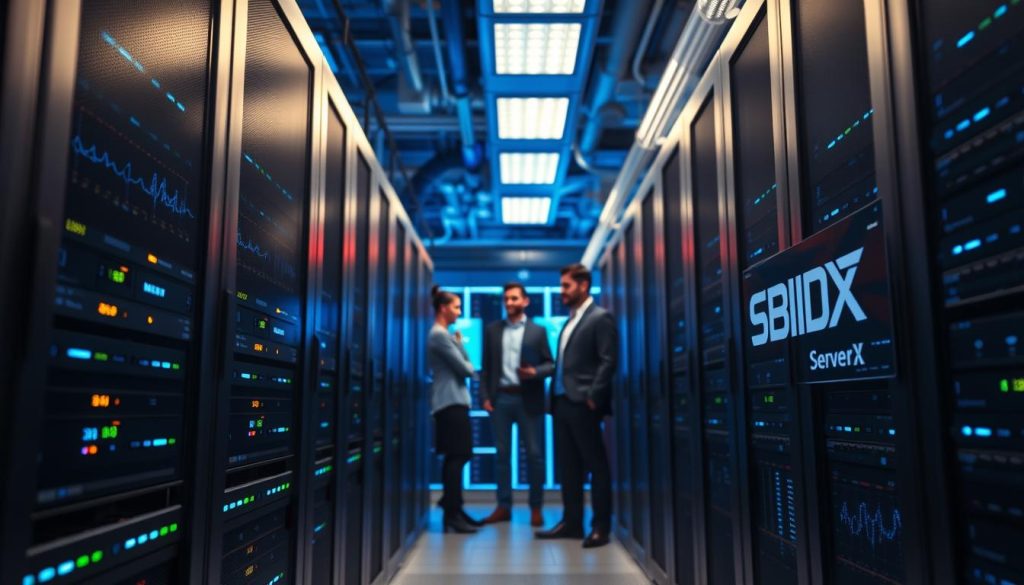A high-tech server room represents "performance infrastructure reliability", featuring multiple sleek server racks with illuminated LED indicators in the foreground, showcasing their advanced technology. In the middle ground, a diverse team of professionals dressed in business attire is actively monitoring screens displaying real-time performance metrics and analytics, focusing on operational efficiency. The background reveals a contemporary data center with cool blue lighting, emphasizing a clean and organized environment. Bright LED lights create a dynamic atmosphere, while a low-angle perspective captures the height and resilience of the server stacks. Incorporate the logo "BDIX Server" subtly on one of the server racks to denote brand identity. The overall mood is one of confidence and technological sophistication, illustrating the reliability of web hosting infrastructure.