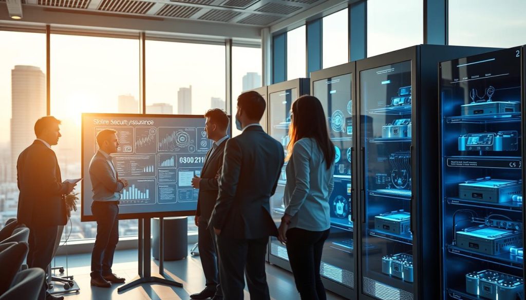 A highly detailed, futuristic office setting showcasing software security assurance methodologies. In the foreground, a diverse group of professionals in business attire collaborates around a large touchscreen displaying complex security analytics and flowcharts. The middle ground features advanced servers and a transparent display cabinet filled with cybersecurity tools and devices, emitting a soft blue glow. In the background, large windows reveal a modern cityscape bathed in natural light, creating an optimistic atmosphere. The mood is focused and dynamic, highlighting innovation and teamwork. The scene is captured from a slightly elevated angle to showcase both the professionals and their high-tech environment, with a depth of field effect to subtly blur the background, emphasizing the foreground action.
