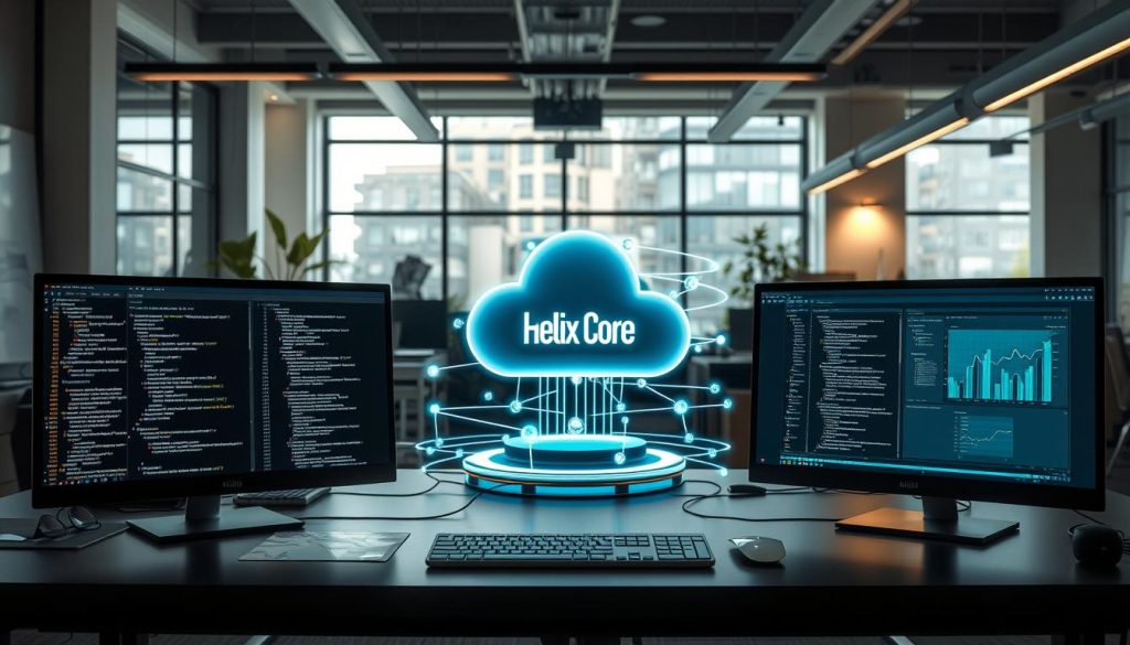 A highly detailed visual representation of a helix core cloud setup within a modern digital workspace. In the foreground, sleek, high-tech screens display code and project management interfaces, illuminated by soft, ambient lighting. The middle ground features a dynamic 3D representation of the helix core, symbolizing data flow and cloud integration, with glowing pathways connecting various project elements. The background showcases a stylish office environment with minimalistic elements, large windows letting in natural light, and a hint of greenery for a balanced atmosphere. The overall mood is one of innovation and efficiency, suggesting ease in scaling projects. Use a wide-angle lens effect to capture the expansiveness of the workspace, highlighting the sense of possibility and collaboration.