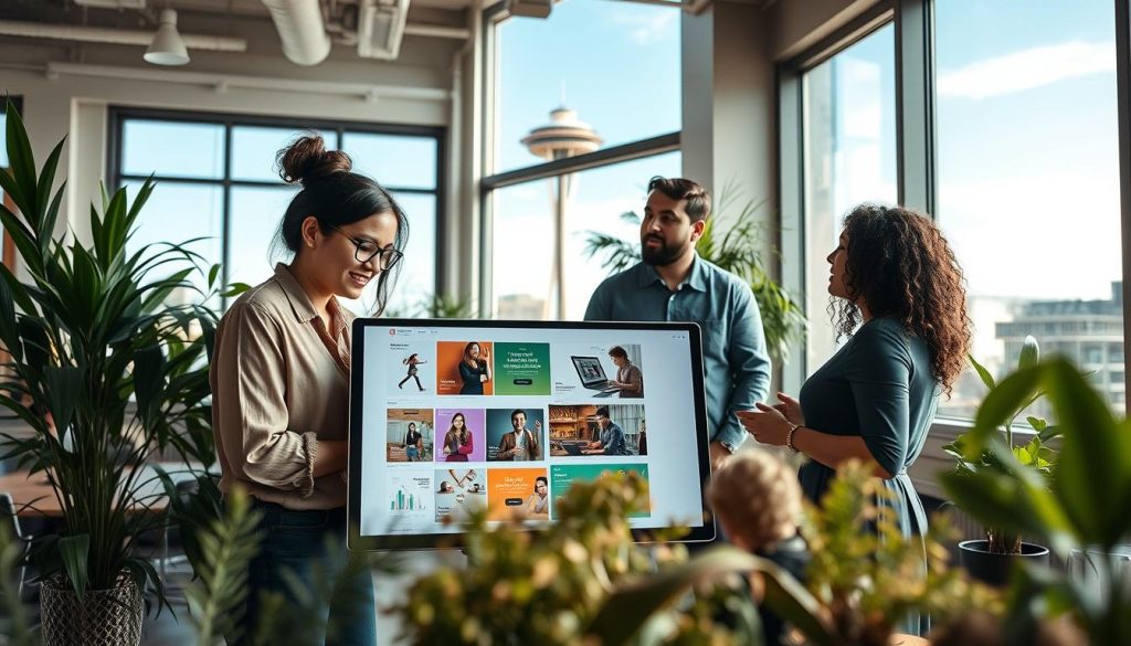 A local Seattle web design scene featuring a collaborative workspace filled with diverse professionals. In the foreground, a focused team of three individuals, a woman with glasses in a smart blouse, a man with a beard in a casual shirt, and a woman with curly hair in a sleek dress, are engaged in a brainstorming session over a large digital display showing vibrant website mockups. The middle ground showcases a cozy, modern office with plants and natural wood accents. In the background, large windows reveal a view of Seattle's iconic Space Needle under a bright blue sky, hinting at the city's charm. Soft, natural lighting creates a welcoming atmosphere, accentuated by an inviting color palette. The angle is slightly from above, providing a bird’s-eye view of the collaborative energy within the workspace.