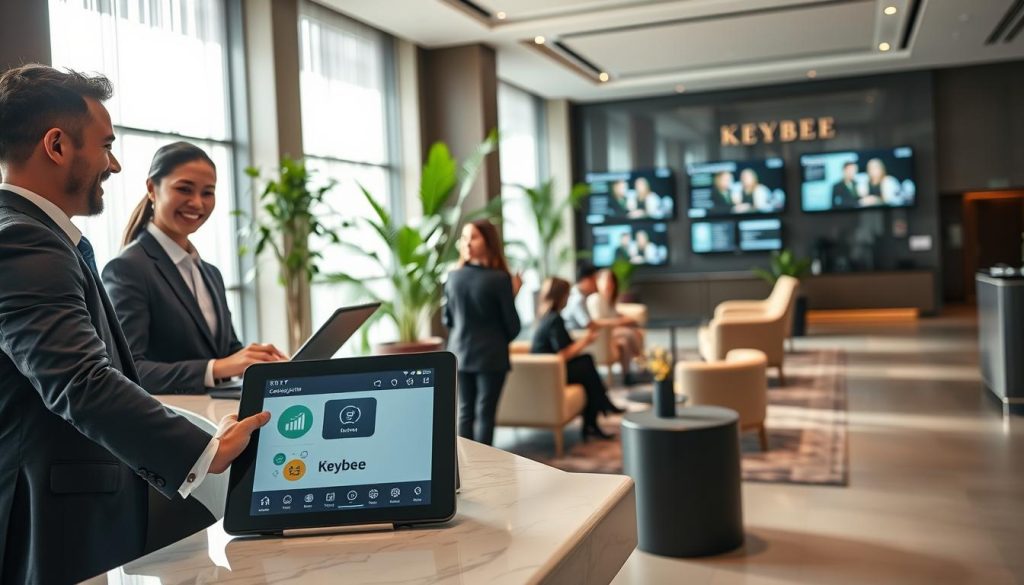 A modern and sleek hotel lobby featuring a professional front desk where a staff member, dressed in business attire, engages with a smiling guest. In the foreground, a stylish registration desk with a tablet showing the Keybee app interface for streamlined communication. In the middle ground, guests are comfortably seated in a well-designed lounge area, discussing their experiences. The background includes large windows with natural light streaming in, plants adding a touch of greenery, and subtle tech elements like screens displaying guest services. The atmosphere feels welcoming and efficient, emphasizing the ease of communication. Soft lighting enhances the inviting mood, and the entire scene conveys a sense of professionalism and hospitality, showcasing the capabilities of BDIX Server.