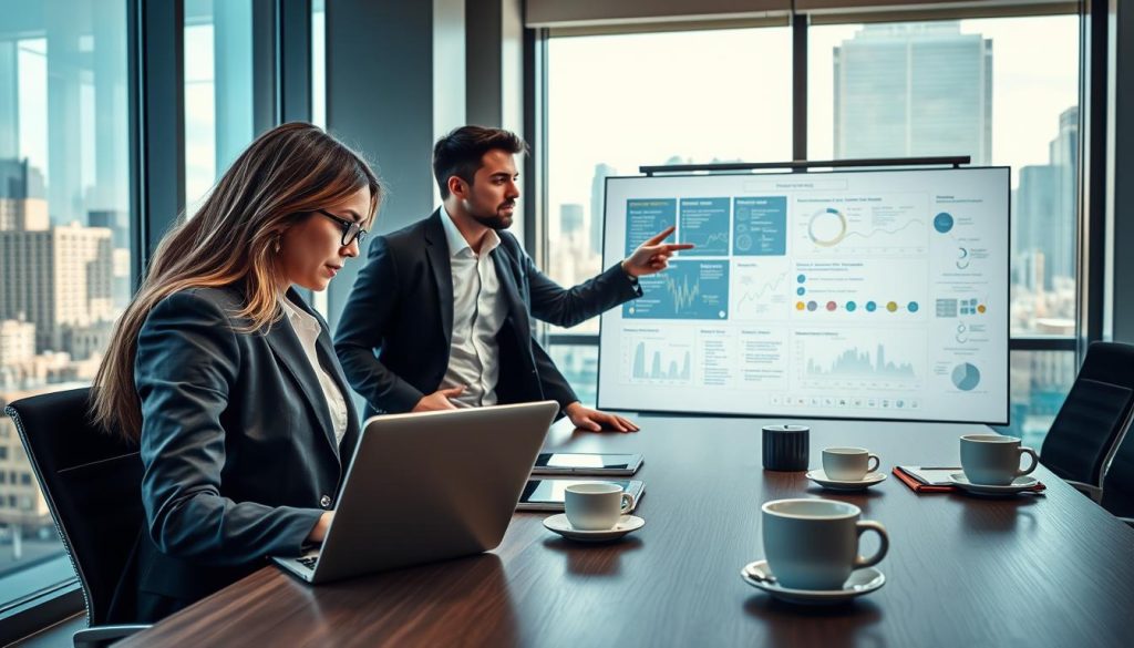 A modern and sleek office environment primarily showcasing a diverse team of professionals collaborating on a digital project. In the foreground, a focused woman in a smart business suit is analyzing data on a laptop, while a man in smart casual attire gestures toward a digital whiteboard filled with graphs and workflows. In the middle, a well-organized conference table displays tablets, notepads, and coffee cups, suggesting a productive brainstorming session. The background features large windows with natural light pouring in, highlighting the vibrant cityscape outside, thus providing an energetic atmosphere. The lighting is bright and inviting, emphasizing teamwork and innovation. The composition captures the essence of teamwork and efficiency in a contemporary business setting, with a sense of motivation and productivity in the air.