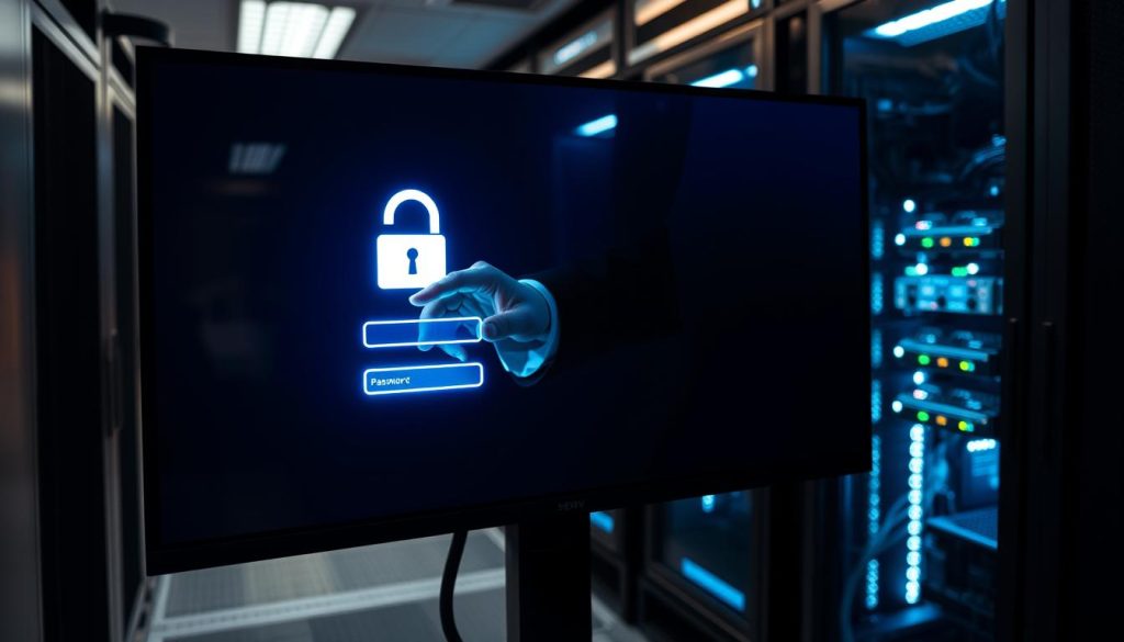 A modern authentication server interface displayed on a sleek, high-resolution monitor. In the foreground, a detailed close-up of the user interface, showcasing a login prompt with input fields for username and password, illuminated by a soft blue light that suggests a secure environment. The middle layer features a hand in professional business attire poised to enter credentials, emphasizing user engagement with technology. In the background, a dimly lit server room is visible, filled with high-tech hardware, cables, and network devices, creating an atmosphere of advanced security. The overall mood is serious yet optimistic, with clear, focused lighting highlighting the importance of authentication in securing business operations. Use a shallow depth of field to create an immersive focus on the authentication prompt while subtly accentuating the server environment. A modern authentication server interface displayed on a sleek, high-resolution monitor. In the foreground, a detailed close-up of the user interface, showcasing a login prompt with input fields for username and password, illuminated by a soft blue light that suggests a secure environment. The middle layer features a hand in professional business attire poised to enter credentials, emphasizing user engagement with technology. In the background, a dimly lit server room is visible, filled with high-tech hardware, cables, and network devices, creating an atmosphere of advanced security. The overall mood is serious yet optimistic, with clear, focused lighting highlighting the importance of authentication in securing business operations. Use a shallow depth of field to create an immersive focus on the authentication prompt while subtly accentuating the server environment.
