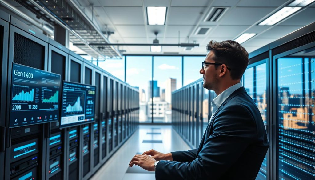 A modern, bustling data center showcasing the technical advantages of Denver Managed Cloud Hosting. In the foreground, a professional IT specialist dressed in business attire monitors multiple screens displaying data analytics and cloud performance metrics. In the middle ground, rows of sleek servers with glowing LEDs symbolize robust infrastructure. The background features a large window revealing the Denver skyline, with bright, clear blue skies suggesting innovation and growth. Soft, ambient lighting enhances the sterile environment, while dynamic angles create a sense of depth and movement. The mood should be one of efficiency and cutting-edge technology, conveying a vision of future-ready cloud services without any text or distractions.