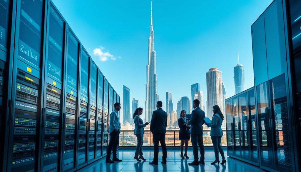 A modern cloud hosting data center in Dubai's skyline, with sleek, ultra-modern buildings reflecting the vibrant blue sky. In the foreground, visualize a complex network of server racks illuminated softly, showcasing their cutting-edge technology. The middle ground features a team of diverse professionals in business attire, analyzing data on screens, collaborating effectively in a bright, airy environment. The background displays the iconic Burj Khalifa and other famous landmarks, symbolizing innovation and growth in the UAE. Natural light floods the room, creating an atmosphere of optimism and productivity, while soft shadows add depth. Capture this scene from a slightly elevated angle to emphasize both the professionals and the stunning skyline.