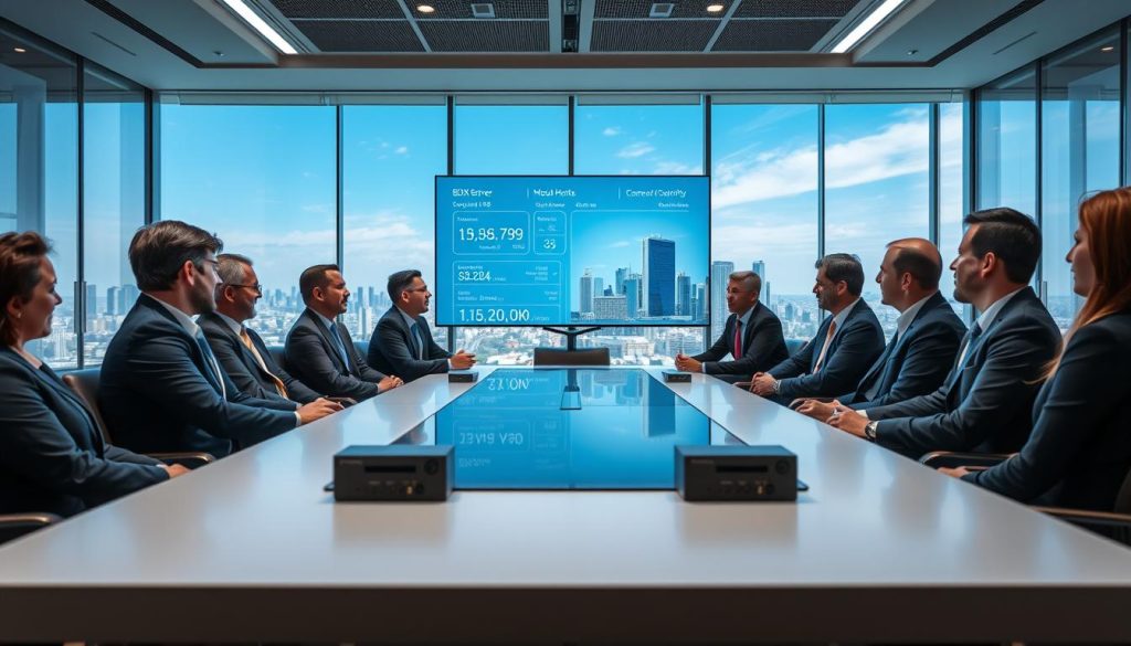 A modern conference room setting showcasing the concept of "summit hosting performance." In the foreground, a sleek rectangular conference table surrounded by professional business attire-clad individuals engaged in discussion. Their expressions convey focus and collaboration. In the middle ground, a large digital screen displays cloud hosting metrics and performance data, illuminating the room with a soft, blue light. The background features a panoramic window showcasing a city skyline under a clear blue sky, symbolizing innovation and growth. Use a wide-angle lens to capture the entire scene, enhancing the sense of space. The atmosphere should be energetic yet professional, emphasizing the importance of high-performance cloud solutions like "BDIX Server" in modern business environments.
