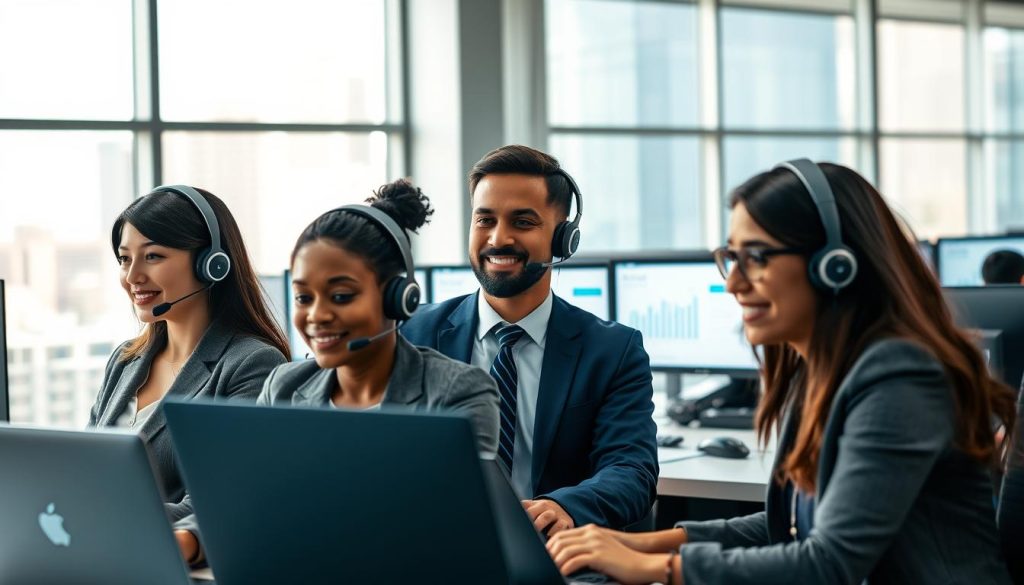 A modern customer support center, emphasizing professionalism and efficiency. In the foreground, a diverse team of three customer support representatives in smart business attire, engaging with clients via headsets and laptops. One representative is a woman of Asian descent, another a Black man, and the third a Hispanic woman, all showcasing focused expressions. In the middle ground, a well-organized workspace filled with multiple computer monitors displaying charts and the brand logo "BDIX Server". Soft, ambient lighting illuminates the scene, casting a warm glow that suggests a welcoming atmosphere. In the background, a large window reveals a bustling cityscape, adding a sense of place. The overall mood is friendly yet professional, highlighting the importance of customer support and technical assistance.