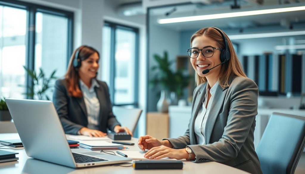 A modern customer support environment showcasing a professional customer service representative in a sleek, well-lit office. In the foreground, the representative, a woman in a smart casual outfit, is attentively assisting a customer over the phone with a warm smile. In the middle ground, a desk cluttered with a laptop, a headset, and notes is visible, emphasizing the tools of effective communication. The background features a window with soft natural light streaming in, illuminating the space, and modern decor that reflects a tech-savvy atmosphere. The overall mood is friendly and approachable, highlighting the importance of reliable support in web hosting services. The image should convey professionalism and warmth, without text or additional distractions.