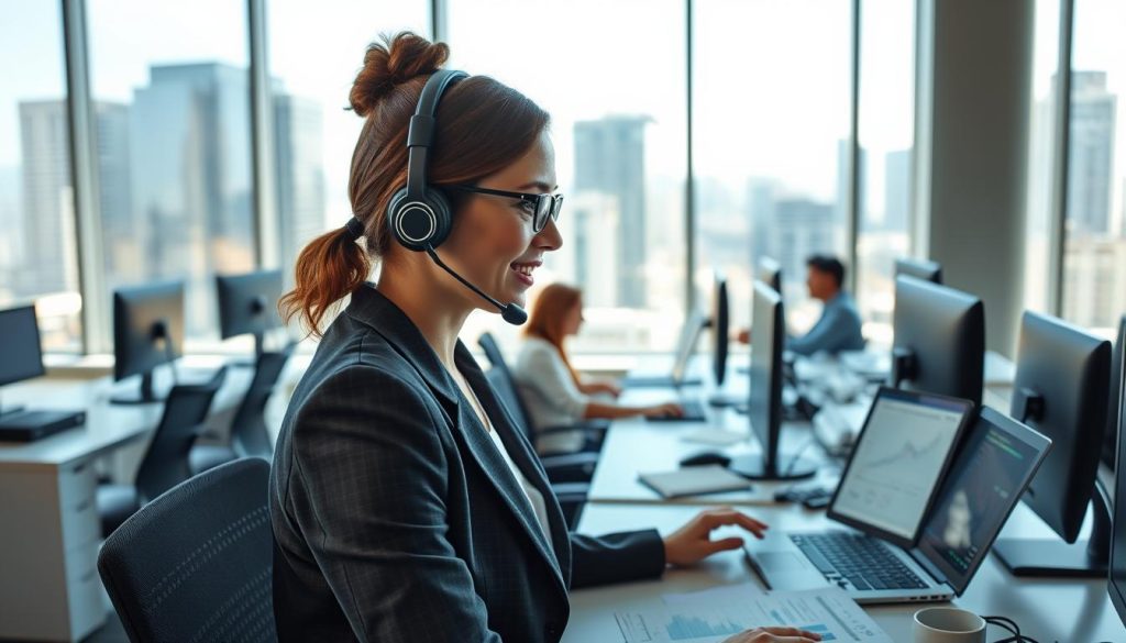 A modern customer support provider in a bright, professional office environment. In the foreground, depict a focused customer support representative, a woman in smart business attire, engaged in a conversation using a headset. Her desk is organized, with paperwork and a laptop displaying graphs related to website performance. The middle ground features a sleek, modern workspace with multiple support staff assisting customers via screens. In the background, large windows reveal a sunny cityscape, providing ample natural light that highlights the productivity and collaborative atmosphere of the office. Use a slightly angled view to create depth, emphasizing the busy yet efficient environment. The mood is professional, friendly, and dedicated, reflecting the importance of effective customer support in hosting services.