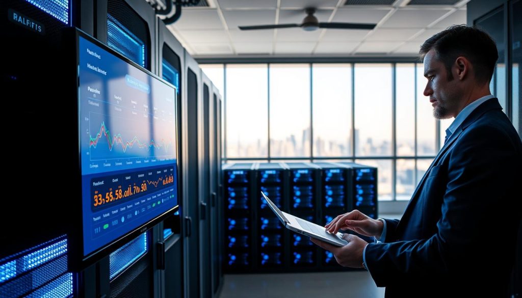 A modern data center bustling with activity, foreground showcasing a sleek, animated load balancer interface on a large computer screen, its visual representation of traffic distribution in vibrant colors. In the middle, rows of server racks illuminated by cool blue LED lights, emphasizing efficiency and high availability. Background features a panoramic view of the city skyline through large glass windows, reflecting a bright day. Soft, diffused lighting creates a professional ambiance, while a well-dressed IT professional analyzes data on a laptop, embodying focus and determination. The atmosphere is one of cutting-edge technology and innovative solutions, symbolizing the importance of load balancing in efficient traffic management.