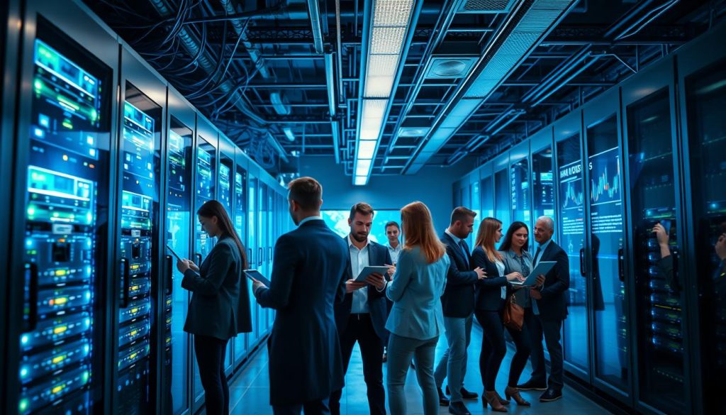 A modern data center environment showcasing outsourced server management in the cloud. In the foreground, a diverse group of IT professionals in business attire collaborates around a high-tech server rack, using tablets and laptops to monitor performance. The middle ground features sleek, illuminated servers interconnected with glowing cables, symbolizing efficiency and reliability. In the background, large screens display data analytics in a futuristic setting, with ambient blue and green lighting creating a calming yet dynamic atmosphere. The perspective is slightly elevated, focusing on the teamwork and technology, emphasizing a sense of strategic partnership in cloud hosting solutions. The overall mood is professional and innovative, capturing the essence of outsourced server management in action.