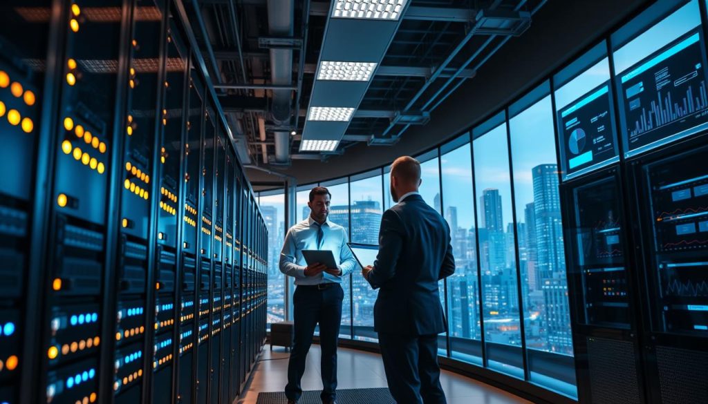 A modern data center environment showcasing performance and reliability standards in web hosting. In the foreground, sleek server racks lined with blazing LED indicators, suggesting efficiency and speed. The middle ground features technicians in professional business attire, focused on monitoring screens displaying analytics and performance metrics. In the background, large windows reveal a vibrant cityscape, symbolizing connectivity and growth. Soft, diffused lighting casts an inviting glow, emphasizing the high-tech atmosphere. The angle is slightly low, looking up towards the servers, which adds a sense of scale and importance. The mood is ambitious and professional, highlighting the cutting-edge technology and dedication to optimal hosting solutions. The overall composition conveys trust, stability, and innovation in web hosting infrastructure. A modern data center environment showcasing performance and reliability standards in web hosting. In the foreground, sleek server racks lined with blazing LED indicators, suggesting efficiency and speed. The middle ground features technicians in professional business attire, focused on monitoring screens displaying analytics and performance metrics. In the background, large windows reveal a vibrant cityscape, symbolizing connectivity and growth. Soft, diffused lighting casts an inviting glow, emphasizing the high-tech atmosphere. The angle is slightly low, looking up towards the servers, which adds a sense of scale and importance. The mood is ambitious and professional, highlighting the cutting-edge technology and dedication to optimal hosting solutions. The overall composition conveys trust, stability, and innovation in web hosting infrastructure.
