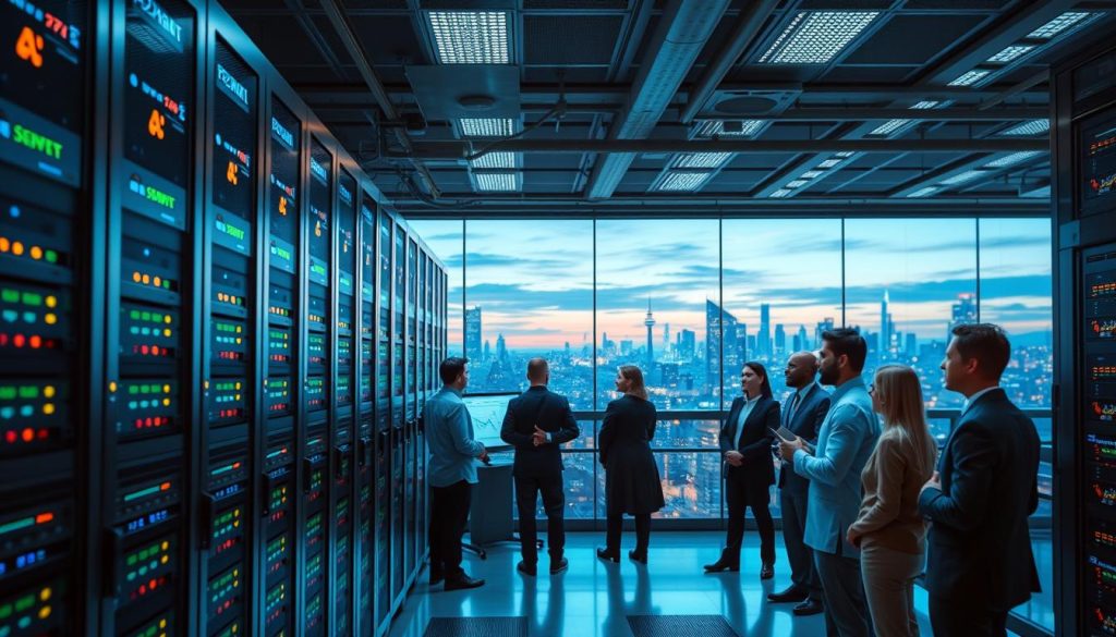 A modern data center featuring sleek server racks with blinking LEDs, emphasizing high-performance infrastructure. In the foreground, a diverse group of professionals in smart business attire are engaged in a discussion, analyzing graphs and metrics on digital screens. The middle section displays advanced security measures like biometric scanners and fortified doors, conveying a sense of security. The background includes a panoramic view of a city skyline at dusk, with lights twinkling, suggesting connectivity and innovation. The atmosphere is dynamic and focused, illuminated by cool blue and white lighting, creating a high-tech ambiance. The professional environment communicates a strong commitment to infrastructure performance and security standards.