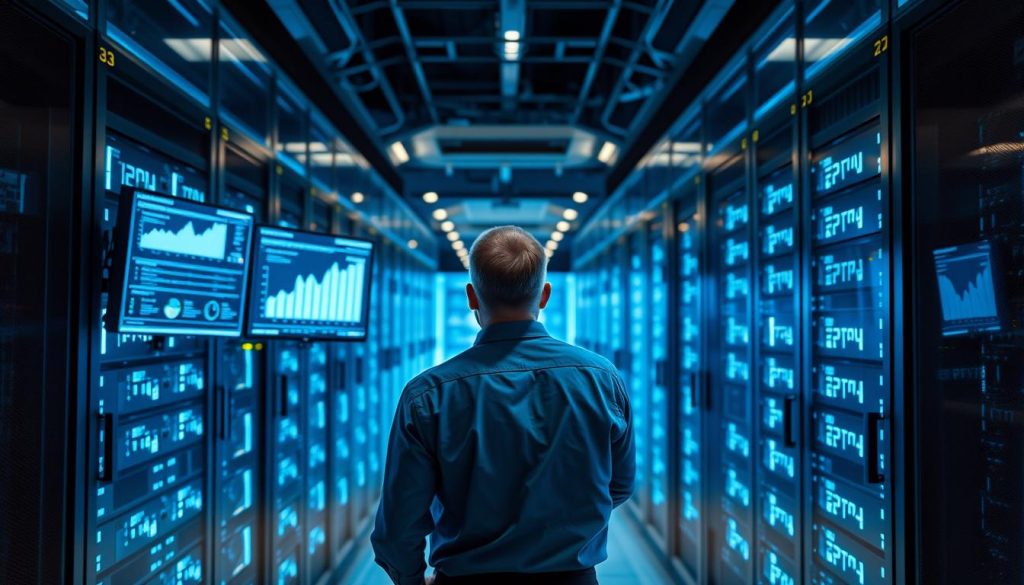 A modern data center filled with sleek, high-performance servers, illuminated by cool blue LED lights. In the foreground, a professional IT technician in business attire monitors multiple screens displaying real-time analytics and performance metrics, showcasing the reliability of cloud infrastructure. In the middle ground, rows of servers create a symmetrical pattern, their lights flickering in harmony to symbolize optimal performance. The background features glass walls and subtle reflections, highlighting a cutting-edge, technologically advanced environment. Soft, diffused lighting enhances the futuristic atmosphere, emphasizing efficiency and reliability. Capture the essence of a thriving cloud hosting environment, conveying a sense of innovation and stability.