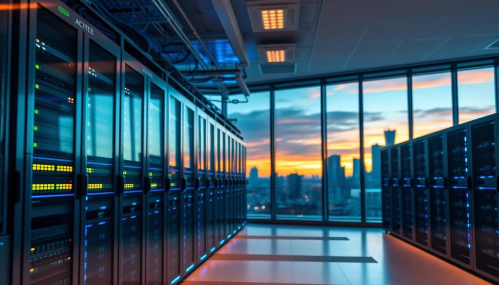A modern data center filled with sleek, high-tech cloud servers, illuminated by soft blue and white LED lighting. In the foreground, focus on a row of servers with blinking lights, showcasing their advanced technology. The middle ground features intricate server racks, neatly organized with cables and network switches. In the background, large glass windows reveal a skyline of Minneapolis, bathed in warm sunset hues, creating a contrast between the icy blue ambiance of the servers and the vibrant city colors. The atmosphere is energetic yet professional, embodying the essence of innovation and reliability in cloud hosting. Capture this scene with a wide-angle lens to emphasize depth, ensuring clarity and detail throughout.