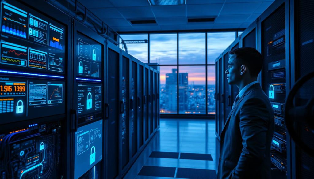 A modern data center interior focusing on cybersecurity, showcasing rows of servers and network racks bathed in a cool blue light. In the foreground, a professional-looking IT technician in smart business attire monitors various screens displaying data security metrics and encryption algorithms. The middle ground features complex server hardware and glowing network cables, with an emphasis on intricate circuit patterns and digital locks intertwining with the infrastructure. In the background, large glass windows reveal a cityscape at dusk, symbolizing the connectedness of technology. The atmosphere is serious yet focused, with soft lighting highlighting the technician's concentration and the tech environment's high-tech appeal. The composition uses an angled perspective to create depth and a sense of dynamic movement. A modern data center interior focusing on cybersecurity, showcasing rows of servers and network racks bathed in a cool blue light. In the foreground, a professional-looking IT technician in smart business attire monitors various screens displaying data security metrics and encryption algorithms. The middle ground features complex server hardware and glowing network cables, with an emphasis on intricate circuit patterns and digital locks intertwining with the infrastructure. In the background, large glass windows reveal a cityscape at dusk, symbolizing the connectedness of technology. The atmosphere is serious yet focused, with soft lighting highlighting the technician's concentration and the tech environment's high-tech appeal. The composition uses an angled perspective to create depth and a sense of dynamic movement.