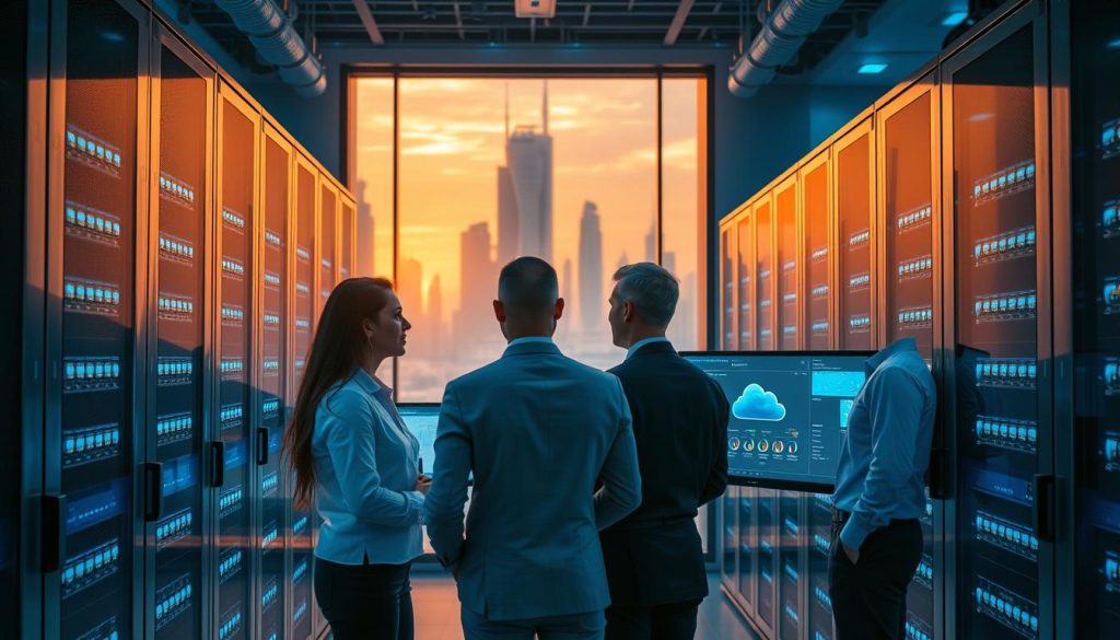 A modern data center interior showcasing ASPGulf cloud hosting services. In the foreground, a group of three diverse professionals dressed in business attire, engaged in a discussion about cloud solutions, surrounded by sleek, high-tech server racks glowing with blue LED lights. The middle section features advanced cloud computing interfaces displayed on large screens with vibrant graphs and analytics. The background reveals a futuristic window view of the Dubai skyline with iconic buildings under a warm sunset sky, casting soft, diffused lighting throughout the scene. The atmosphere conveys a sense of security, innovation, and professionalism, highlighting ASPGulf's commitment to secure and compliant data hosting solutions. The angle is slightly elevated to capture both the professionals and the technology effectively.