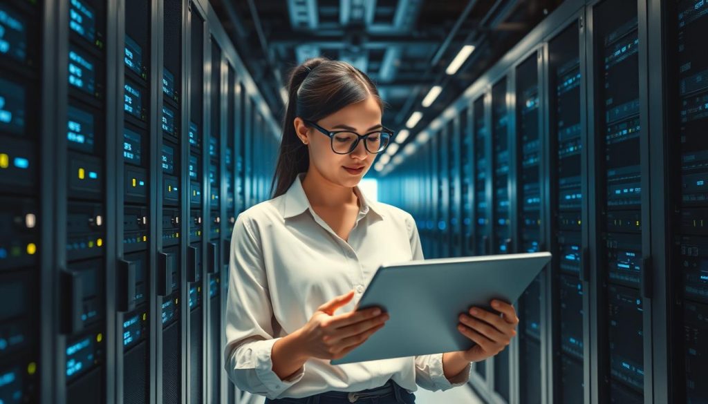 A modern data center interior showcasing an impressive array of high-performance servers. In the foreground, focus on sleek, metallic server racks illuminated by subtle blue LED lights, with blinking indicators suggesting active data transfer. The middle ground features a professional businesswoman in modest casual attire analyzing server specifications on a digital tablet, her expression focused and inquisitive. In the background, rows of servers extend into the distance, creating a sense of depth. Soft, cool lighting enhances the high-tech atmosphere, while a wide-angle perspective captures the scale of the operation. The overall mood conveys professionalism and technological sophistication, emphasizing the importance of server options and flexibility in web hosting.