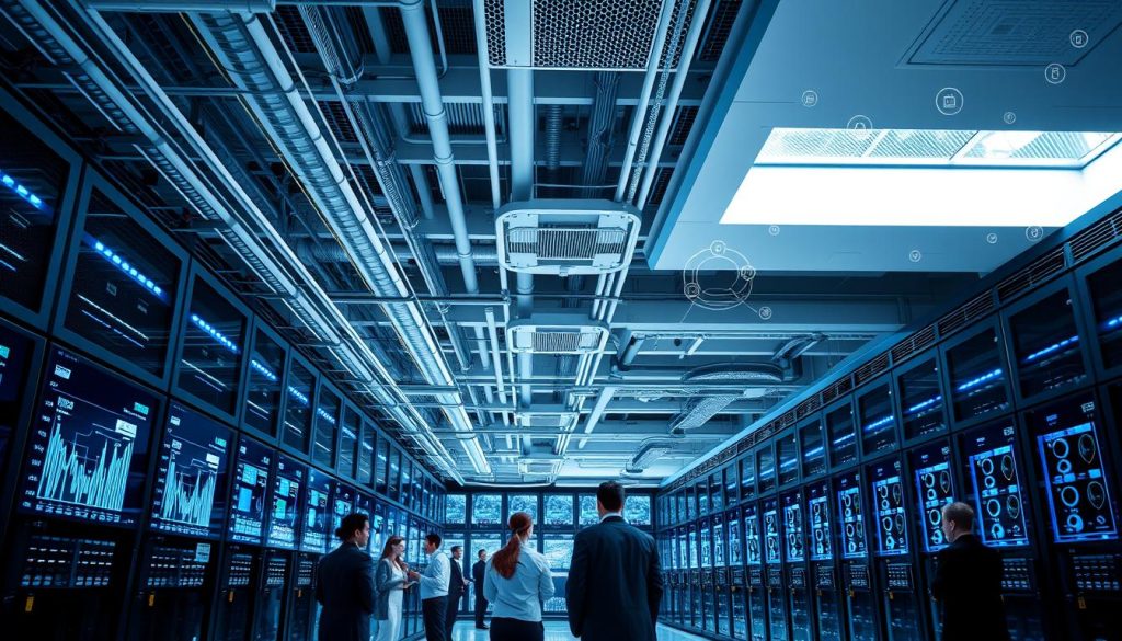 A modern data center interior, showcasing rows of sleek, high-performance servers illuminated by soft, cool blue LED lights. In the foreground, a diverse group of professionals in business attire, engaged in monitoring system performance on large screens filled with data graphs and analytics. The middle ground features sophisticated cooling systems and cable management, while strategically placed skylights allow natural light to filter in, enhancing the sense of technology and innovation. In the background, a panoramic view of the data center's infrastructure highlights high-capacity fiber optic cables and connectivity icons symbolizing speed and uptime. The atmosphere is one of efficiency and cutting-edge technology, with a focus on enhancing website performance through advanced infrastructure. The image is captured at a slightly elevated angle to emphasize the layout and design of the facility.