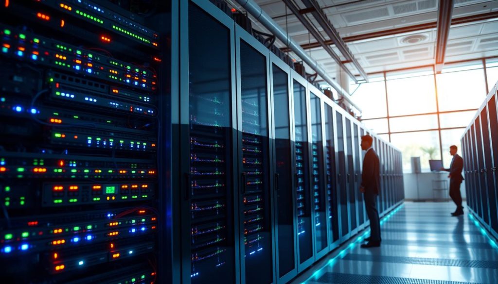 A modern data center interior, showcasing rows of sleek server racks filled with blinking lights and cables in vibrant colors. The foreground features a glass wall with a view into the technology hub, while professionals in business attire, focused on their work, are present, accessing data on large screens. The middle ground consists of advanced cooling systems and redundancy setups, with subtle blue and green lighting creating a high-tech atmosphere. In the background, panoramic windows allow natural daylight to filter in, highlighting the contrast between the bright tech space and the dark server rows. The overall mood is dynamic and innovative, emphasizing high-performance hosting solutions. The image is captured from a low angle to accentuate the height of the servers and the expansive room, with a sharp focus on details and depth.