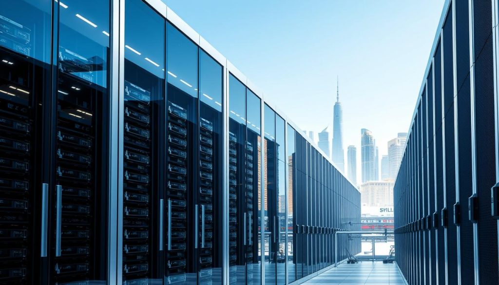 A modern data center located in Kuwait City, featuring a sleek, futuristic exterior with glass and steel elements reflecting the vibrant city skyline. In the foreground, rows of high-tech servers are visible through large windows, indicating advanced cloud hosting capabilities. The middle ground showcases a network of cooling systems and infrastructure, emphasizing the technical sophistication of the facility. In the background, the iconic Kuwaiti skyline rises under a clear blue sky, highlighting the city’s unique architecture. The lighting is bright and crisp, simulating a well-lit, efficient working environment. The mood is professional and innovative, conveying the significance of data center location in the realm of cloud hosting cost.