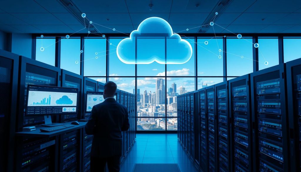 A modern data center scene depicting robust cloud infrastructure, with sleek server racks illuminated by soft blue ambient lighting in the foreground. Engineers wearing professional business attire monitor screens displaying cloud analytics, showcasing real-time data management. In the middle ground, abstract representations of cloud networks—with digital nodes and pathways—intertwine seamlessly above the servers, symbolizing connectivity and scalability. The background features a large glass window, revealing a panoramic view of Philadelphia’s skyline under a clear blue sky, suggesting a blend of technology and urban progress. The atmosphere is one of innovation and trust, with a cool color palette accentuating the sense of modernity and reliability. Use a wide-angle lens to capture depth, enhancing the focus on the cloud-related technology, while maintaining a professional, polished look throughout the composition.