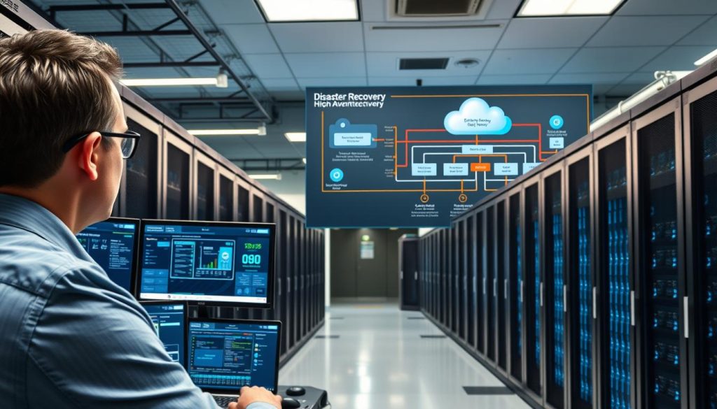 A modern data center with rows of servers, depicting a robust disaster recovery setup. In the foreground, an engineer in professional business attire is monitoring multiple screens showing real-time analytics and system health metrics. The middle layer features a large wall-mounted display showcasing a detailed schematic of disaster recovery and high availability architecture, including cloud connections and backup processes. The background illustrates a well-organized server room, illuminated by soft LED lighting that creates a calm yet focused atmosphere. The entire scene should feel reassuring and technologically advanced, conveying a sense of preparedness and resilience in the face of potential disasters. Use a slight wide-angle lens effect to encapsulate the entire environment, enhancing the depth and professionalism of the image.