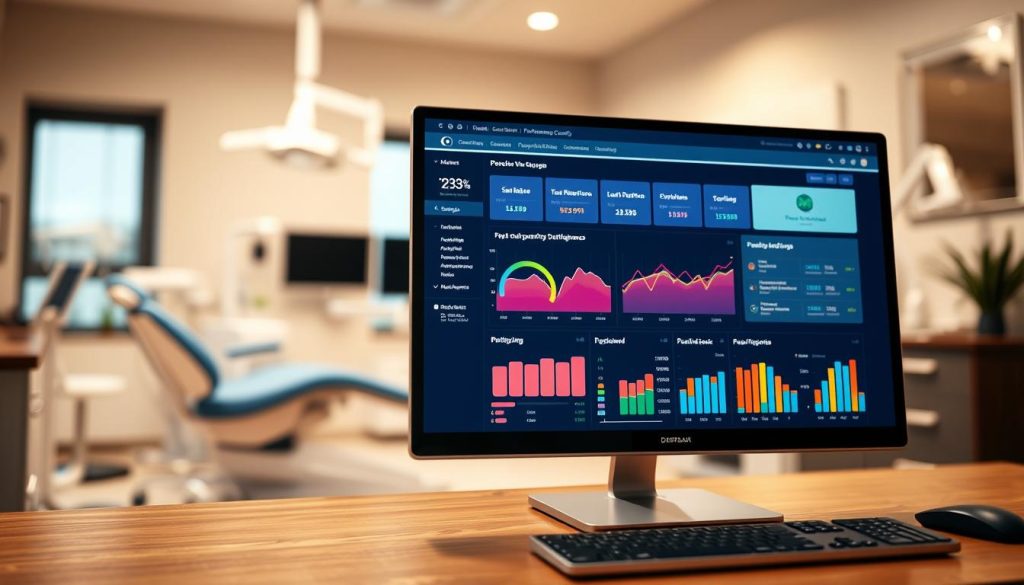 A modern dental website performance dashboard displayed on a sleek computer screen. In the foreground, a close-up of the screen shows a variety of colorful graphs and metrics, highlighting page load speed and other performance indicators. In the middle ground, a professional-looking dental office with a dental chair and equipment is softly blurred, establishing context. The background features bright, warm lighting that creates an inviting atmosphere, emphasizing professionalism. The image should be taken from a slightly elevated angle to capture both the screen and the office space, with soft-focus elements giving a sense of clarity and depth. The room should convey a calm, productive setting, ideal for a dental practice focused on improving its online presence.