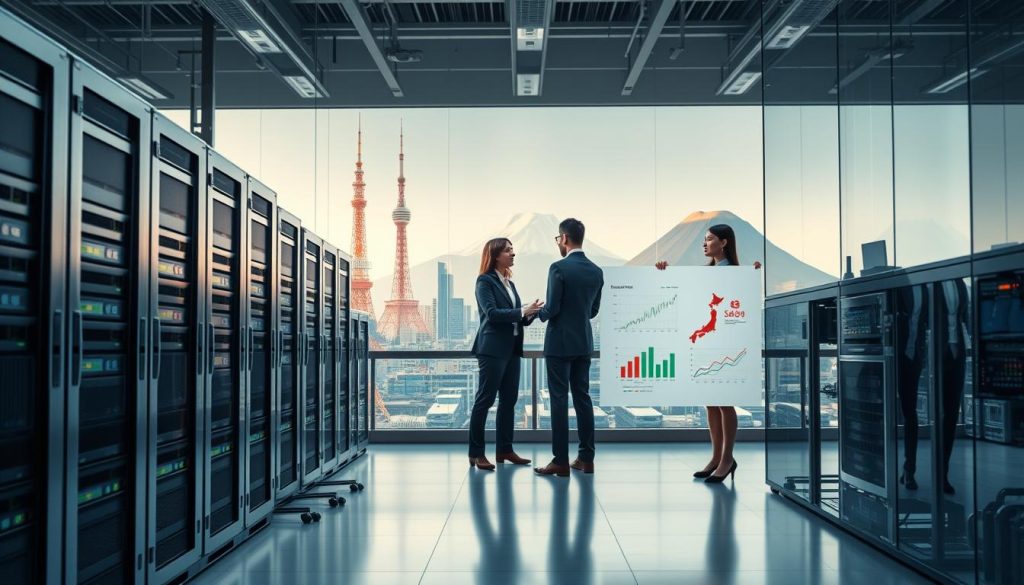 A modern digital landscape depicting the top international web hosting providers with a focus on Japan's infrastructure. In the foreground, sleek servers and high-tech networking equipment represent reliable hosting solutions. The middle ground features a collaborative professional team, dressed in smart business attire, engaged in a discussion around charts and graphs illustrating web performance metrics. In the background, a famous Japanese landmark, such as Tokyo Tower or Mount Fuji, can be seen, symbolizing the country's technological prowess. The scene is illuminated by soft, professional lighting, creating a bright and optimistic atmosphere. A wide-angle lens captures the dynamic interaction amidst a modern office setting, emphasizing innovation and collaboration. A modern digital landscape depicting the top international web hosting providers with a focus on Japan's infrastructure. In the foreground, sleek servers and high-tech networking equipment represent reliable hosting solutions. The middle ground features a collaborative professional team, dressed in smart business attire, engaged in a discussion around charts and graphs illustrating web performance metrics. In the background, a famous Japanese landmark, such as Tokyo Tower or Mount Fuji, can be seen, symbolizing the country's technological prowess. The scene is illuminated by soft, professional lighting, creating a bright and optimistic atmosphere. A wide-angle lens captures the dynamic interaction amidst a modern office setting, emphasizing innovation and collaboration.