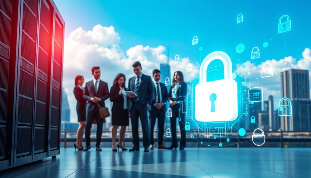 A modern digital landscape representing cloud hosting security. In the foreground, a secure data server with a lock symbol glowing brightly, symbolizing protection. The middle ground features a diverse group of professionals in smart business attire, engaged in serious discussion about cybersecurity measures, overlaid with digital data streams and locks. The background showcases a futuristic urban skyline with clouds hovering above, suggesting the vastness of cloud computing. The lighting is bright yet soft, creating an atmosphere of safety and assurance, with a focus on blue and green tones that evoke technology. The angle is slightly tilted upward, giving a sense of empowerment and innovation, emphasizing the essential security features for protecting business data.