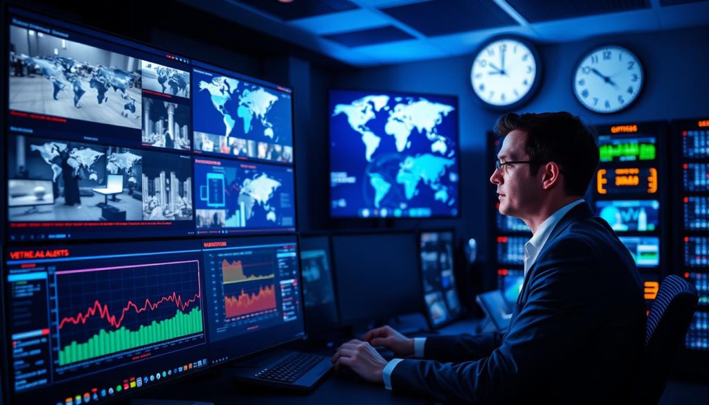 A modern digital security operations center, showcasing advanced monitoring technology and management systems. In the foreground, a sleek monitor displays live feed surveillance footage, vibrant graphs, and real-time alerts in a dimly lit room. In the middle, a professional in business attire works intently at a computer, analyzing security data with a thoughtful expression. The background features multiple screens displaying world maps with security overlays, server racks with blinking lights, and a large digital clock emphasizing time-sensitive monitoring. The lighting is a blend of cool blue tones and soft ambient light, creating a focused yet calm atmosphere of vigilance and assurance.