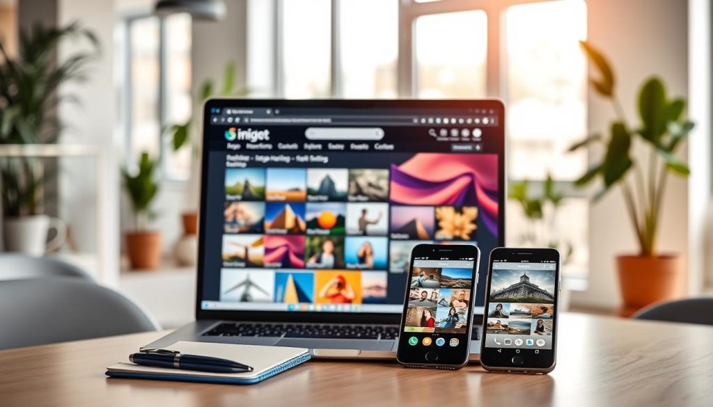 A modern digital workspace featuring a sleek computer setup with an open browser showcasing various image hosting service websites. In the foreground, a high-quality laptop displays a user-friendly interface, illustrating a gallery of vibrant images uploaded for hosting. The middle layer includes professional-looking office items such as a notebook, a stylish pen, and a smartphone with image hosting apps open. The background showcases a bright, contemporary office space with large windows allowing natural light to flood in, creating a warm and inviting atmosphere. Soft-focus indoor plants add a touch of greenery, enhancing the mood of professionalism and creativity. The lighting is soft and diffused, emphasizing clarity and focus on the digital workspace.