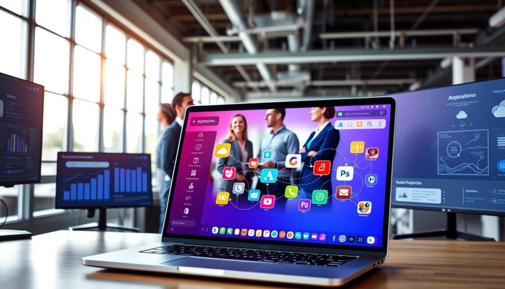 A modern, digital workspace highlighting application integrations in a professional setting. In the foreground, a sleek laptop screen displays a vibrant dashboard with colorful application icons symbolizing cloud services, interconnected seamlessly. To the sides, stylized monitors show data analytics and flow diagrams, visualizing integration processes. The middle ground features a diverse group of professionals, dressed in business attire, collaborating and discussing ideas, with expressions of focus and engagement. The background is a bright, open office space with large windows, allowing natural light to pour in, enhancing a sense of innovation and productivity. The atmosphere is one of teamwork and technological advancement, embodying the essence of modern cloud solutions.