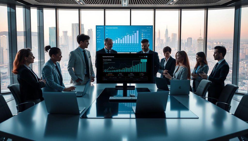 A modern digital workspace illustrating cost optimization in a hybrid cloud environment. In the foreground, a diverse group of professionals in smart business attire, actively discussing resource allocation strategies around a sleek conference table with laptops and digital devices displaying cloud analytics. The middle ground features a large digital screen showing graphs and charts, symbolizing expense reduction and efficiency. In the background, a futuristic office with panoramic windows revealing a vibrant city skyline. Soft, ambient lighting creates a professional atmosphere, while a cool color palette with shades of blue and green evokes a sense of innovation. The composition should be sharp and clear, captured from a wide-angle perspective to encompass the dynamic workspace and advanced technology at play.