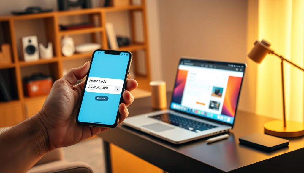 A modern e-commerce checkout scene set in a cozy, well-lit online shopping environment. In the foreground, a hand holding a smartphone displays a visible promo code entry field. The middle layer features a sleek laptop on a stylish desk, showcasing a vibrant website with a "Checkout" button highlighted. Background elements include soft-focus shelves filled with various tech gadgets, enhancing the online shopping vibe. The lighting is warm and inviting, suggesting a comfortable shopping experience, while soft shadows create depth. The overall mood is encouraging and professional, reflecting the excitement of securing a great deal. No text, overlays, or distractions present in the image.