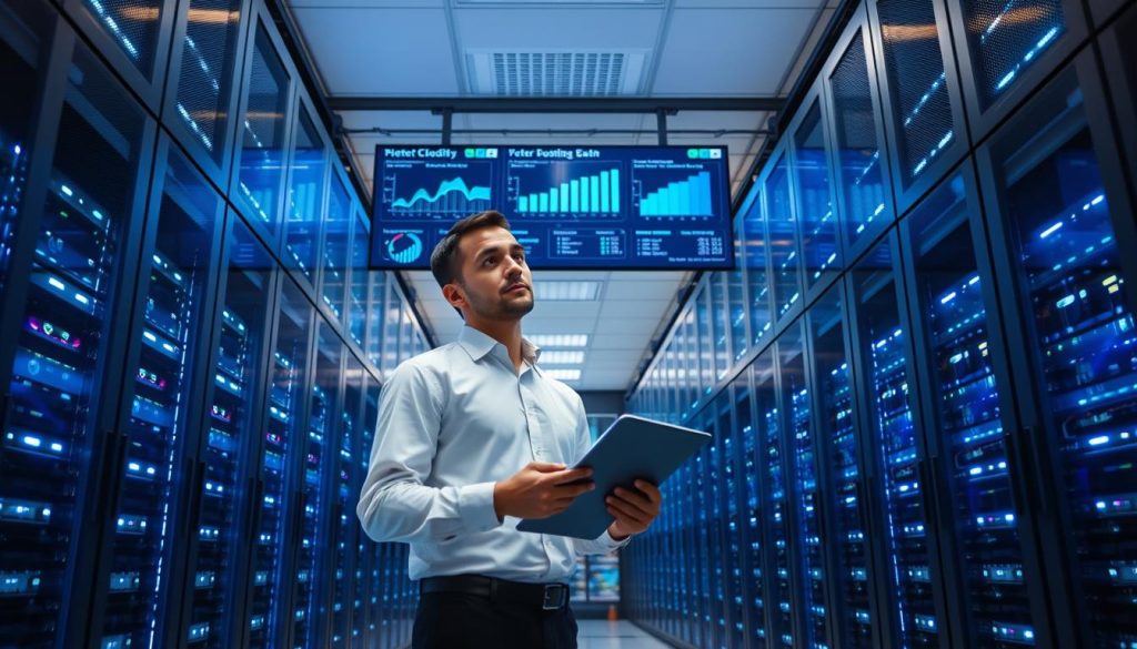 A modern, expansive data center filled with rows of sleek server racks, each illuminated by soft blue LED lights. In the foreground, a technician in professional attire is inspecting the equipment, holding a tablet, showcasing a sense of diligence and efficiency. The middle background displays multiple large screens with performance metrics, graphs, and charts that highlight the infrastructure's key performance indicators. The environment is bright but cool, with a clean, organized aesthetic that embodies reliability and technological advancement. The perspective is slightly low-angle, emphasizing the towering racks, and the overall mood is dynamic and focused, showcasing the high-tech sophistication of cloud hosting infrastructure.