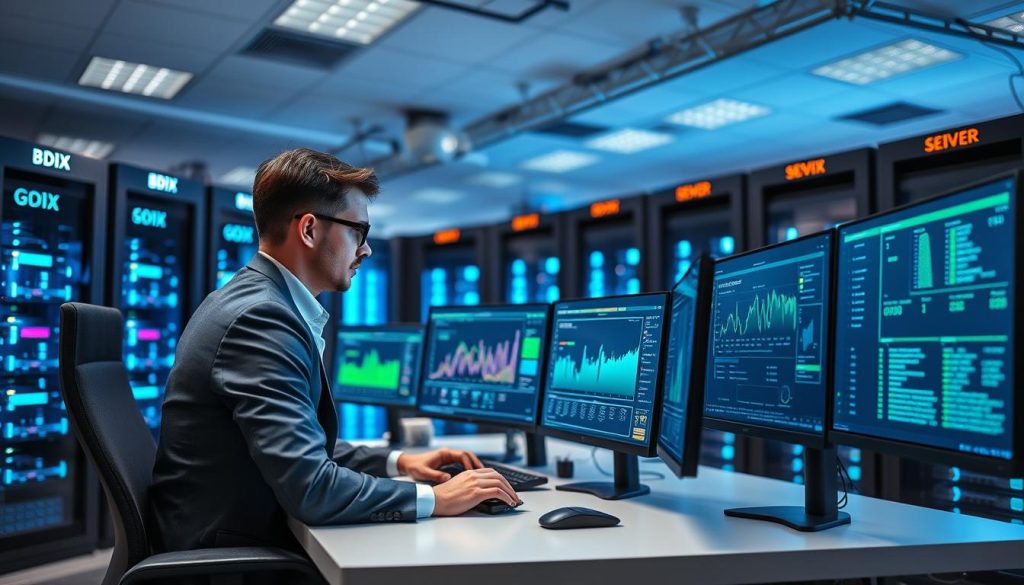 A modern, high-tech office environment focused on web hosting tests, featuring a sleek desk with multiple monitors displaying complex server analytics and performance metrics. In the foreground, a professional wearing business attire is focused on analyzing data from a computer. In the middle, glowing charts and graphs reflect important performance indicators, illustrating load times and uptime statistics. The background consists of a server room with rows of organized server racks labeled "BDIX Server," illuminated with soft blue lighting to create a tech-savvy atmosphere. The overall mood is one of intense concentration and innovation, captured with a wide-angle lens, emphasizing the technological sophistication of the testing process.