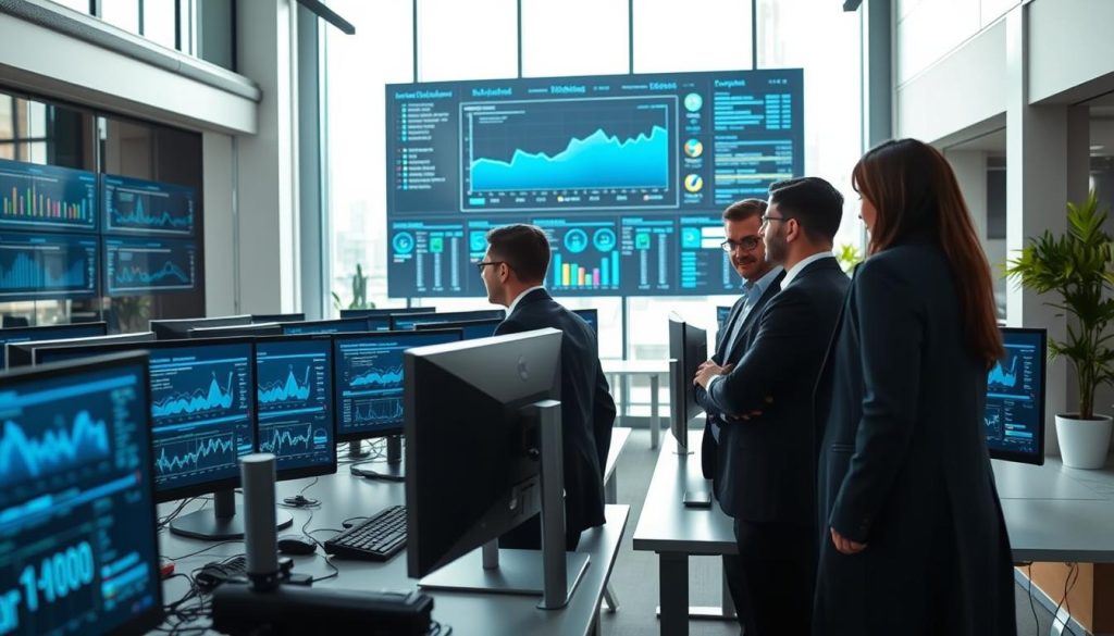 A modern, high-tech office environment showcasing a team of IT professionals monitoring cloud services. In the foreground, a diverse group of three individuals in professional business attire are intently observing multiple screens displaying real-time analytics and performance metrics. The middle ground features sleek computer desks with advanced technology, including curved monitors, while a large digital dashboard displays cloud hosting data on the wall. In the background, soft, natural light streams through large windows, creating an inviting atmosphere. The overall mood is focused and collaborative, emphasizing the importance of expert support and managed services in cloud hosting. Use a wide-angle lens for a dynamic perspective, highlighting teamwork and technological sophistication.