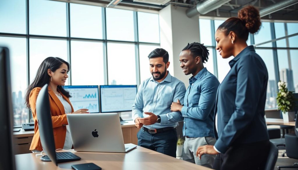 A modern, high-tech office environment with a focus on technical support and website management services. In the foreground, a diverse team of three professionals in smart casual attire, including a woman of South Asian descent, a man of Middle Eastern descent, and a woman of African descent, are engaged in a discussion over a laptop, analyzing cloud hosting data. The middle ground features multiple monitors displaying graphs and website analytics. The background reveals sleek office furniture and a large window with a view of a city skyline under clear blue skies. The lighting is bright and daylight, creating an atmosphere of collaboration and focus. The shot is taken from a wide-angle perspective, emphasizing the workspace's modernity and technical capabilities.